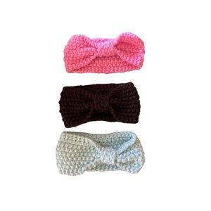 Handmade Crochet Knit Bow
Headbands Set of 3 - Pink, Brown, & Light Blue